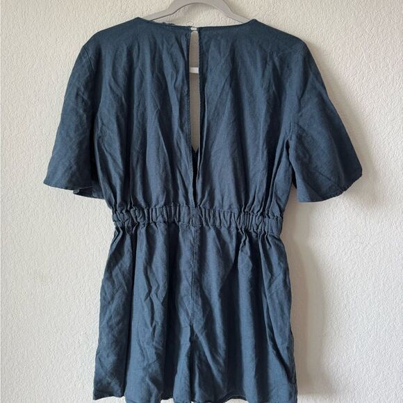 ZARA Women’s Linen Blend Deep V Short Sleeve Romper Jumpsuit Sz L Beach Coastal - Picture 3 of 6